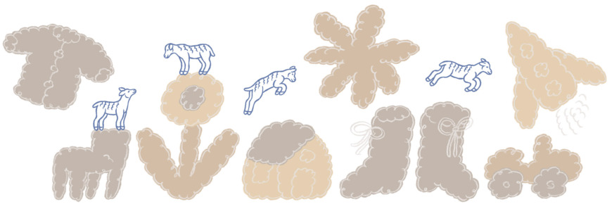 Illustration med får och diverse saker tillverkade av ull.